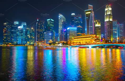 Singapore Skyline At Night High Quality Architecture Stock Photos
