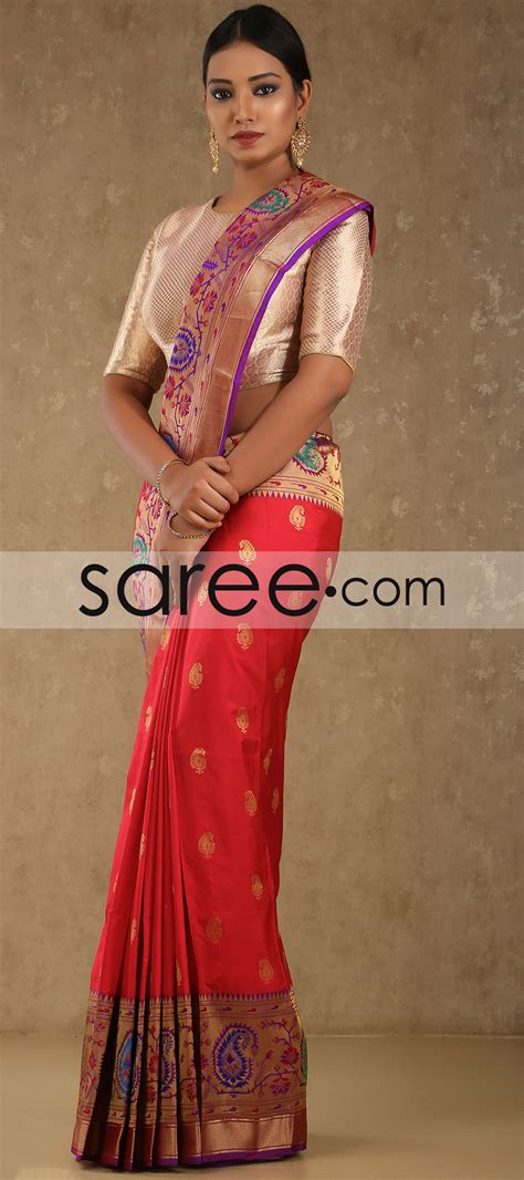 red and golden kanchipuram silk saree with zari weaving saree silk sarees indian designer sarees