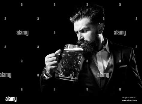 Retro Man In Classic Suit Drinking Beer Bearded Guy Satisfied With