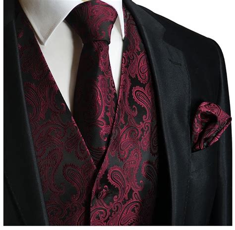 Black And Burgundy Paisley Tuxedo Vest Set Wedding Suits Men Black