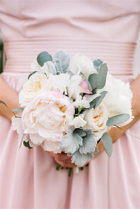 Pale Pink Peony White Roses Eucalyptus Leaves Bridesmaid Bouquet