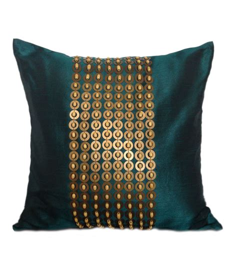 Teal Throw Pillow With Gold Sequin And Wood Beads Embroidery Etsy