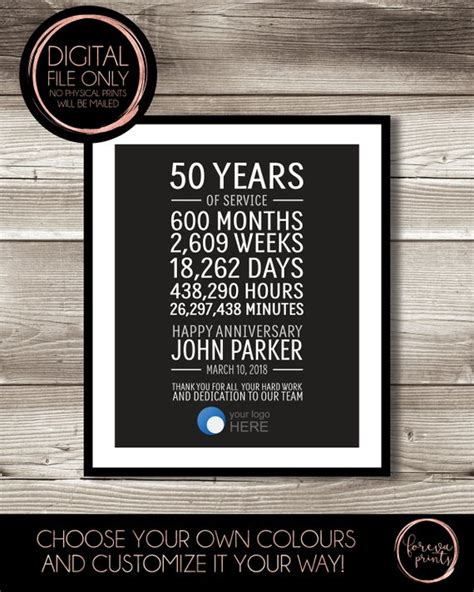 Spending 50 years with the same person, is good cause for celebration, and one of the best ways to mark the event is with 50th wedding anniversary gifts. 50 Year Work Anniversary Print gift digital print | Etsy