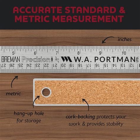 Breman Precision Metal Ruler 12 Inch Stainless Steel Cork Back Metal