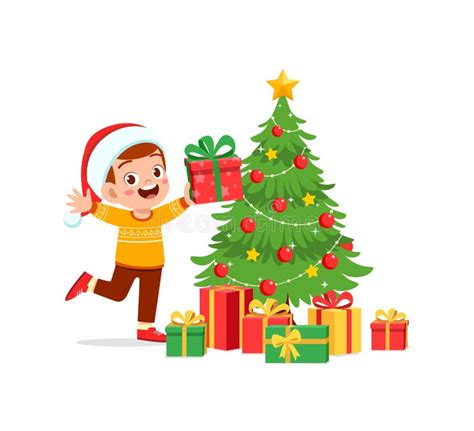 Happy Little Boy Holding Present For Christmas Stock Vector