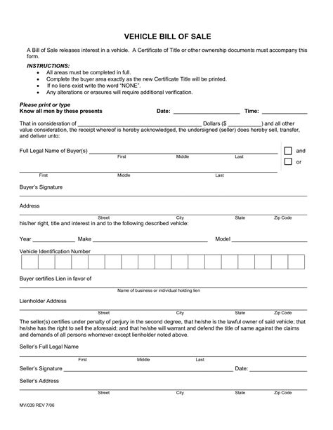 3rd Bill Of Sale Form Template Vehicle Printable