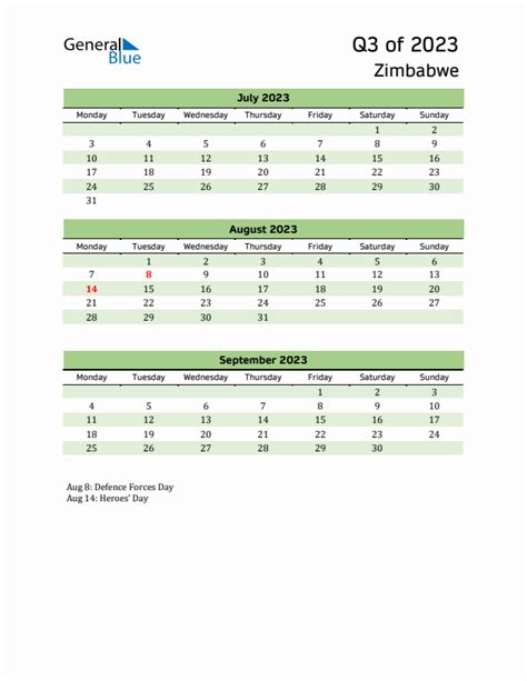 Three Month Calendar For Zimbabwe Q3 Of 2023