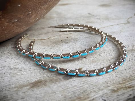 Extra Large 3 Diameter Turquoise Hoop Earrings Zuni Native American Indian Jewelry Southwestern