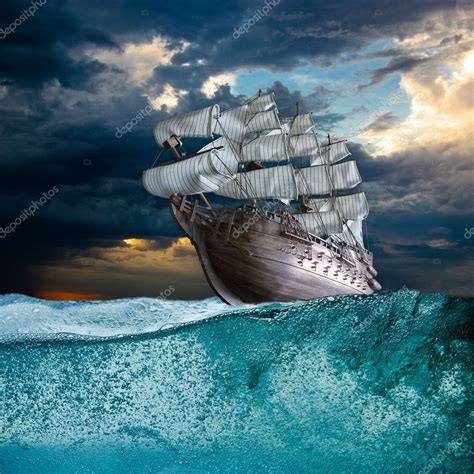 Sail Ship In Storm Sea — Stock Photo © Avesun 5330879