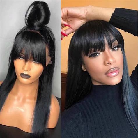 Silky Straight 360 Lace Front Wigs Virgin Human Hair With Bangs Real