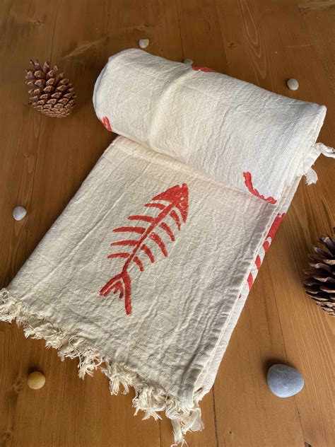 Hand Printed Fishbone Turkish Towel Red Organic Cotton