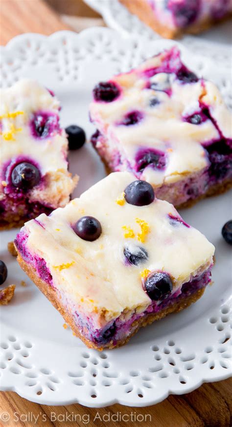 Find healthy blueberries desserts recipes. Lemon Blueberry Cheesecake Bars - Sallys Baking Addiction