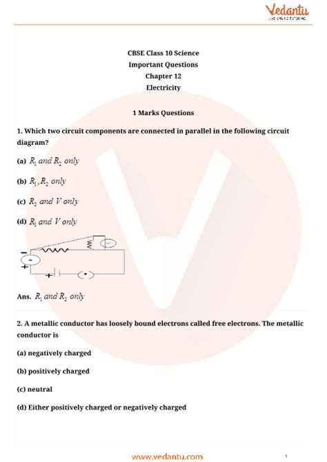 Important Questions For Cbse Class 10 Science Chapter 12 Electricity