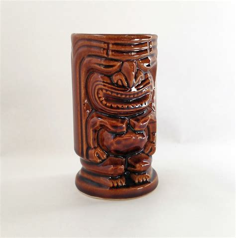 Vintage Brown Ceramic Tiki Mug By Orchids Of Hawaii