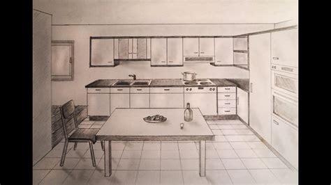 How To Draw One Point Perspective Kitchen With Furniture Desk Youtube