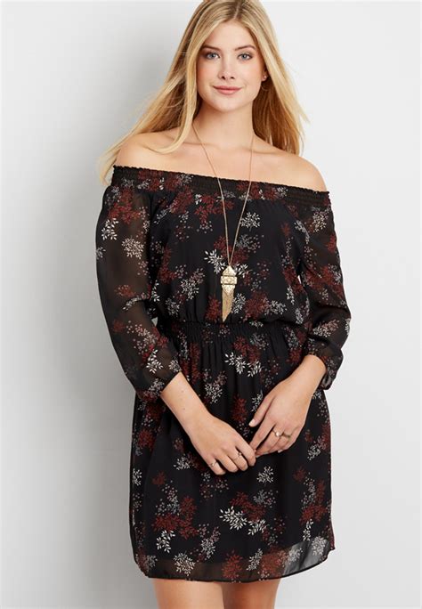 Chiffon Off The Shoulder Dress In Floral Branch Print Maurices