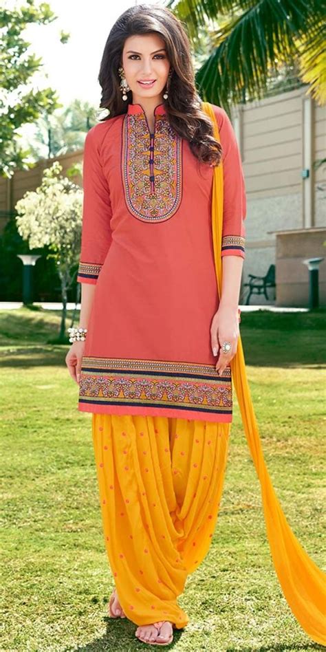 fashionable peach and yellow cotton patiala suit patiala dress punjabi salwar suits lehnga