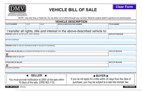 Free Oregon Motor Vehicle Bill Of Sale Form 735 501 Pdf Eforms