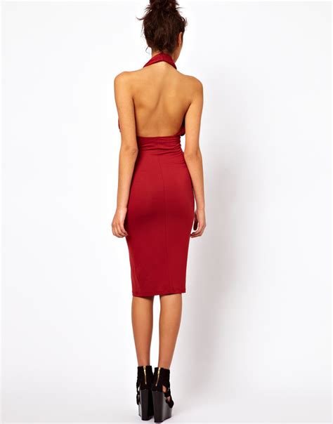 Asos Midi Bodycon Dress With Halter Neck In Rust Red Lyst