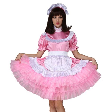 buy women sissy maid lockable pink satin dress costume crossdress pleated style online at