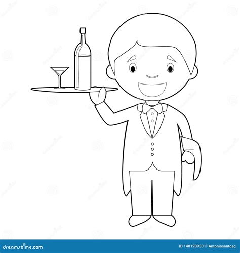 Easy Coloring Cartoon Vector Illustration Of A Waiter Stock Vector