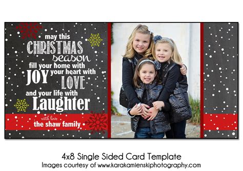 To make christmas cards out of your own photos, simply upload your photos into your design software, choose landscape or portrait orientation, arrange your photos as a single image or collage, edit your cards to add text or extra images and print on quality paper. Christmas Card Template JOYFUL SNOW 4x8 Single Sided Card