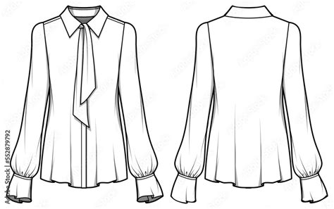 Women Bishop Sleeve Bow Blouse Design Flat Sketch Fashion Illustration