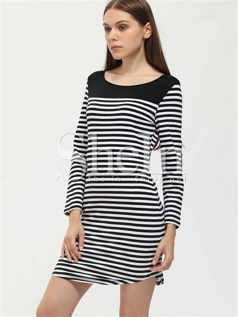 White Black Pullover Long Sleeve Striped Dress Sheinsheinside