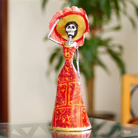 Unicef Market Hand Crafted Papier Mache Catrina Sculpture With Hat