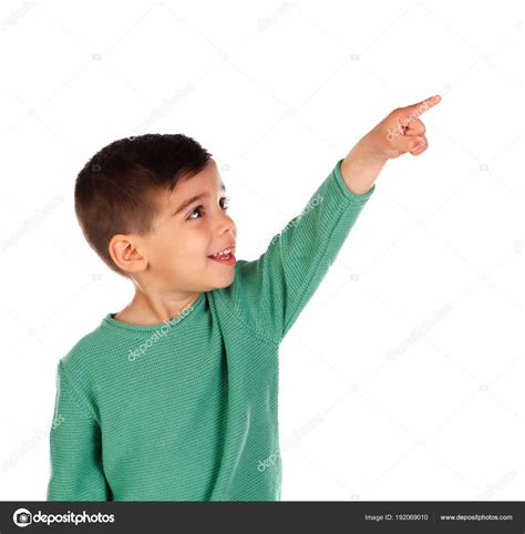 Smiling Little Boy Pointing His Finger Isolated White Background Stock