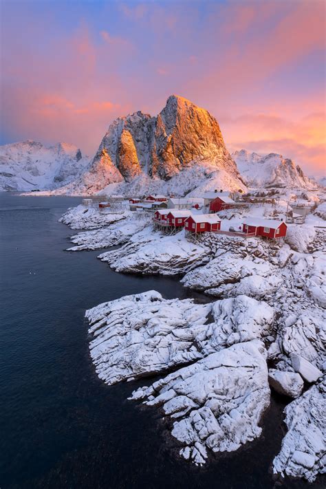 Red Cabins In Winter Snow Covered Mountains Lofoten Print Joseph C Filer