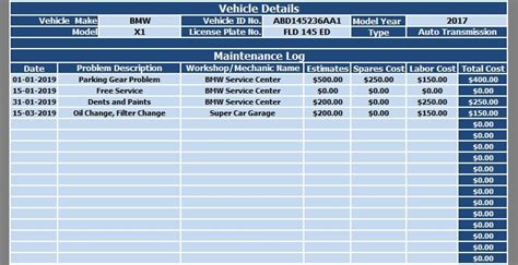 Vehicle Maintenance Log Sheet Template Excel