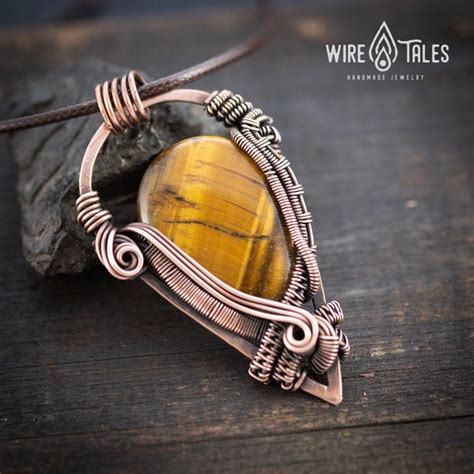 Tigers Eye Protection Necklace Wire Wrapped Pendant Copper Handmade