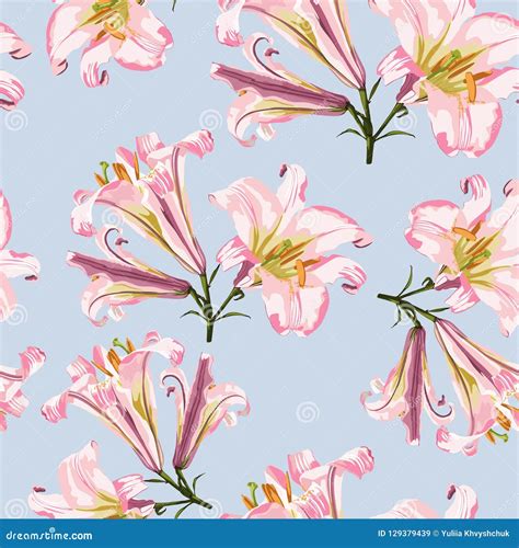 Vector Floral Seamless Pattern With Pink Lilies Flowers Stock