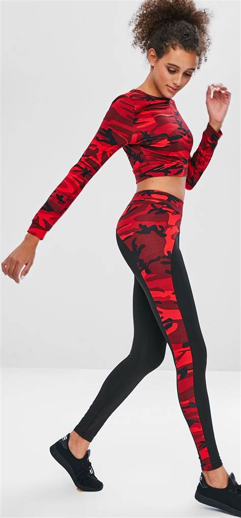 Red Floral Active Wear Outfits Camo Sport Crop Tee And Leggings Set