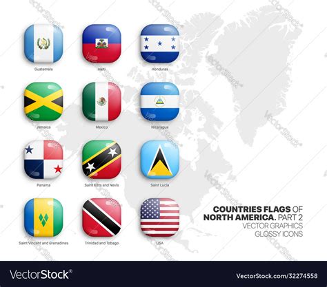 North America Countries Flags 3d Glossy Icons Set Vector Image