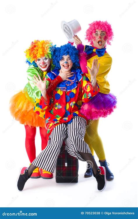 Three Colorful Funny Clown On A White Background Stock Photo Image Of