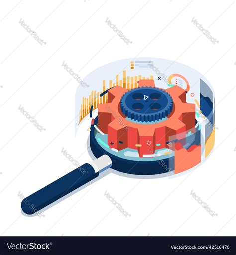 Isometric Magnifying Glass With Gears And Graph Vector Image