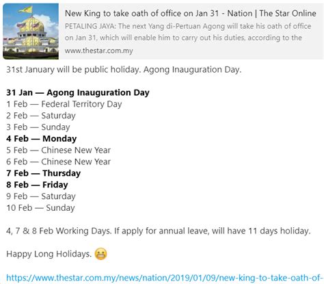 No Public Holiday On 31 Jan Despite Rumours About Agongs Inauguration