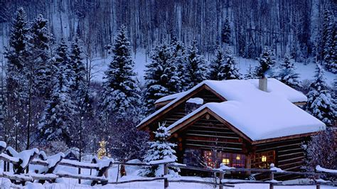 Wallpaper Snow Winter Resort Cabin Pine Trees Christmas