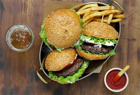 Burgers Beef Cutlets French Fries Beer Ketchup Top View Stock Photo