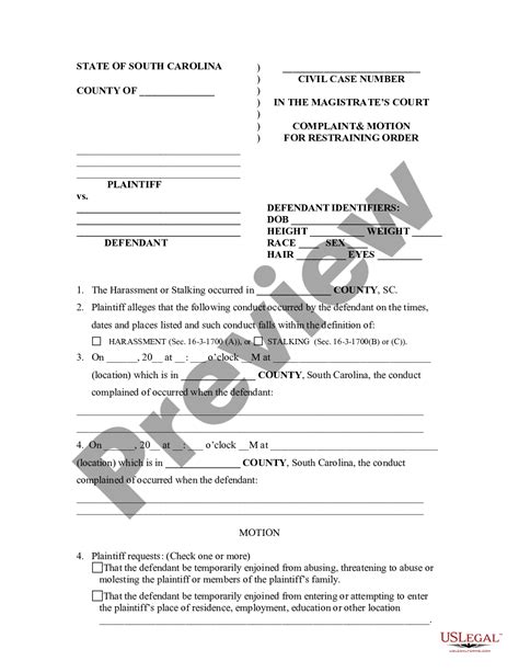 South Carolina Complaint And Motion For Restraining Order Us Legal Forms