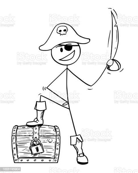 cartoon of pirate with sabre and treasure chest stock illustration download image now