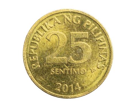 Philippines Twenty Five Sentimo Coin On White Isolated Background Stock