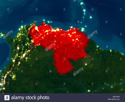 Satellite Night View Of Venezuela Highlighted In Red On Planet Earth