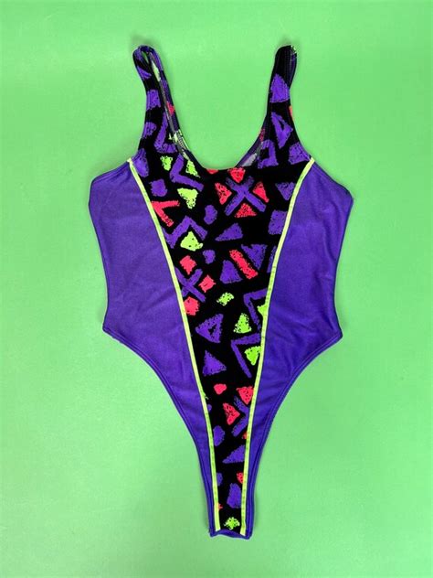 Vintage 80s High Cut Thong Swimsuit Bodysuit Leotard Gem