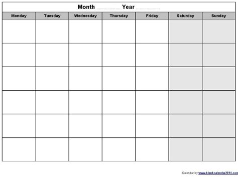 Blank Monday Through Sunday Calendar Month Calendar Printable