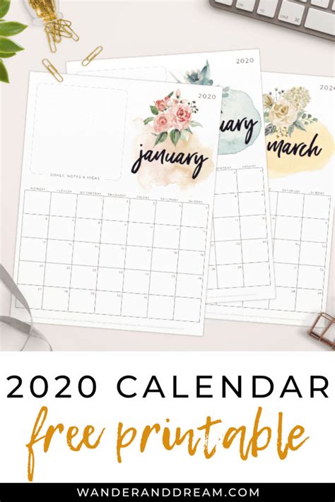 Free 2020 Watercolour Floral Printable Calendar Wander And Dream