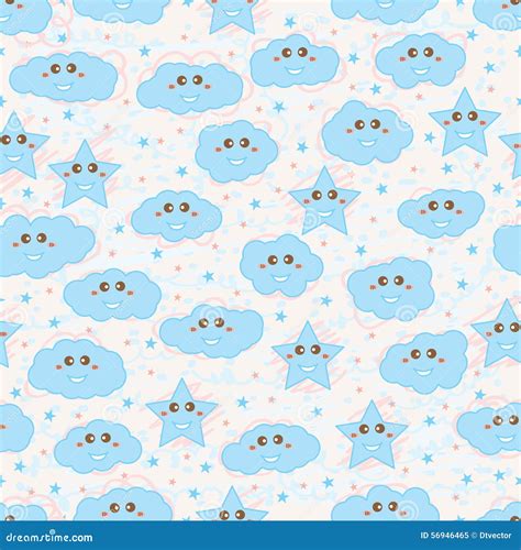 Happy Star Cloud Blue Pink Pastel Seamless Pattern Stock Vector