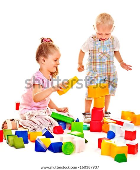 Happy Children Playing Building Blocks Isolated Stock Photo 160387937